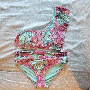 NWT La Vie En Rose Aqua Floral Bikini Top Small, Bottoms Medium